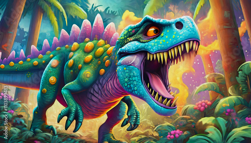 Oil painting style cartoon character illustration multicolored A terrible dinosaur Tyrannosaurus T-rex 