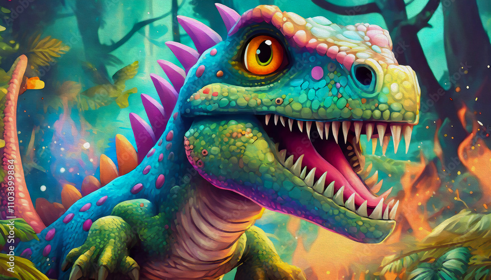 Obraz premium oil painting style cartoon character illustration multicolored Velociraptor ,dinosaur 