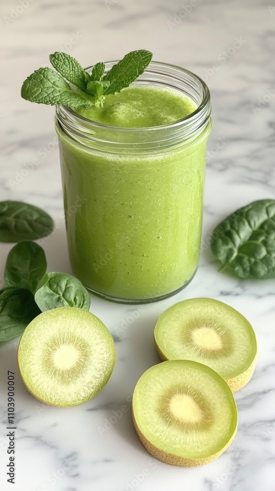 Refreshing green smoothie with kiwi and spinach in glass jar on marble surface Refreshing green smoothie with kiwi and spinach in glass jar on marble surface