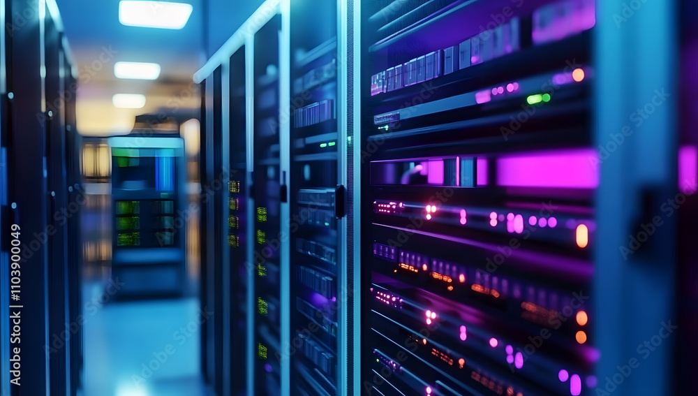 Modern Rack LED console in server room data center. Generative AI. Modern Rack LED console in server room data center. Generative AI.