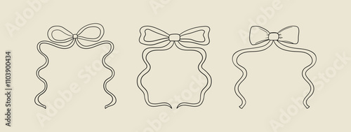 Set of wavy and quirky abstract vintage bow frames. Vector hand drawn line illustration of ribbons