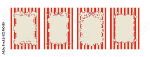 Set of vintage greeting card templates with wavy bows. Vector illustration of ribbon frames on striped background. Holiday clipart in retro coquette aesthetic