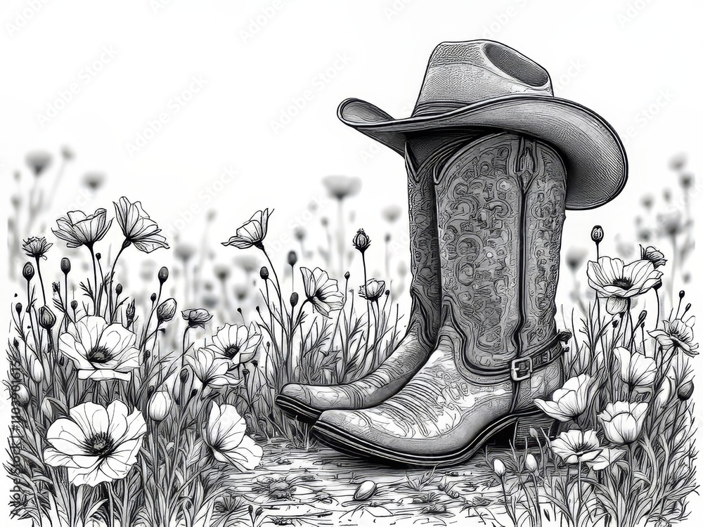 Color a cowboy hat & boots, surrounded by long-exposure poppies. Zen-inspired coloring book. Color a cowboy hat & boots, surrounded by long-exposure poppies. Zen-inspired coloring book.