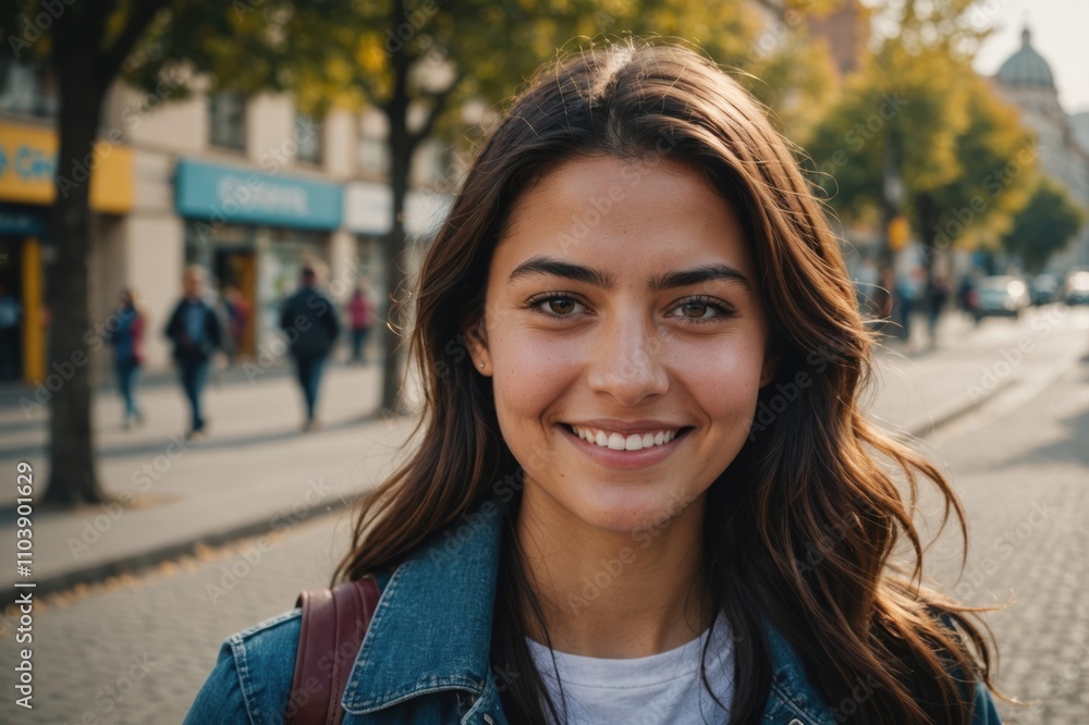 Close portrait of a smiling young Chilean woman looking at the camera, Chilean city outdoors blurred background Close portrait of a smiling young Chilean woman looking at the camera, Chilean city outdoors blurred background