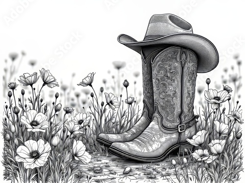 Color a cowboy hat & boots, surrounded by long-exposure poppies.  Zen-inspired coloring book.