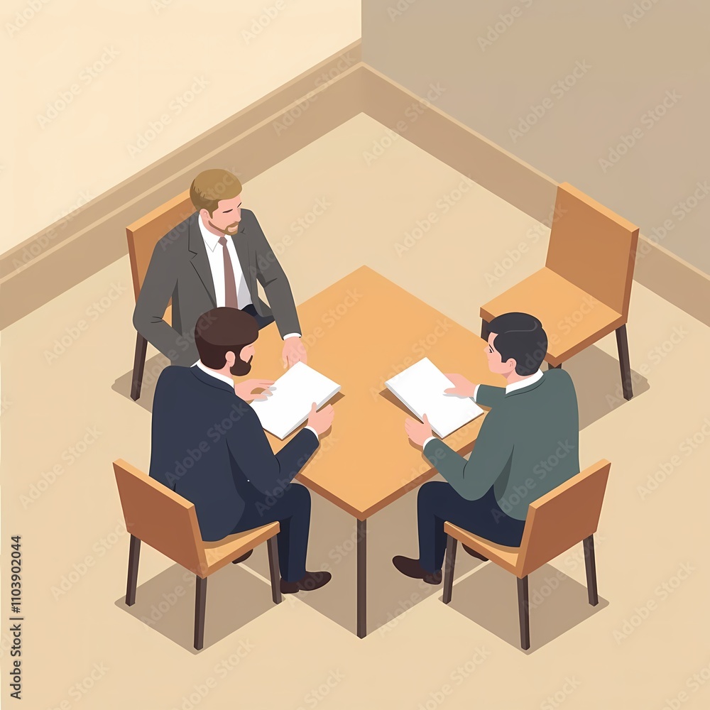 Minimalistic illustration of three men in suits at a negotiating table in an office. View from above. Minimalistic illustration of three men in suits at a negotiating table in an office. View from above.