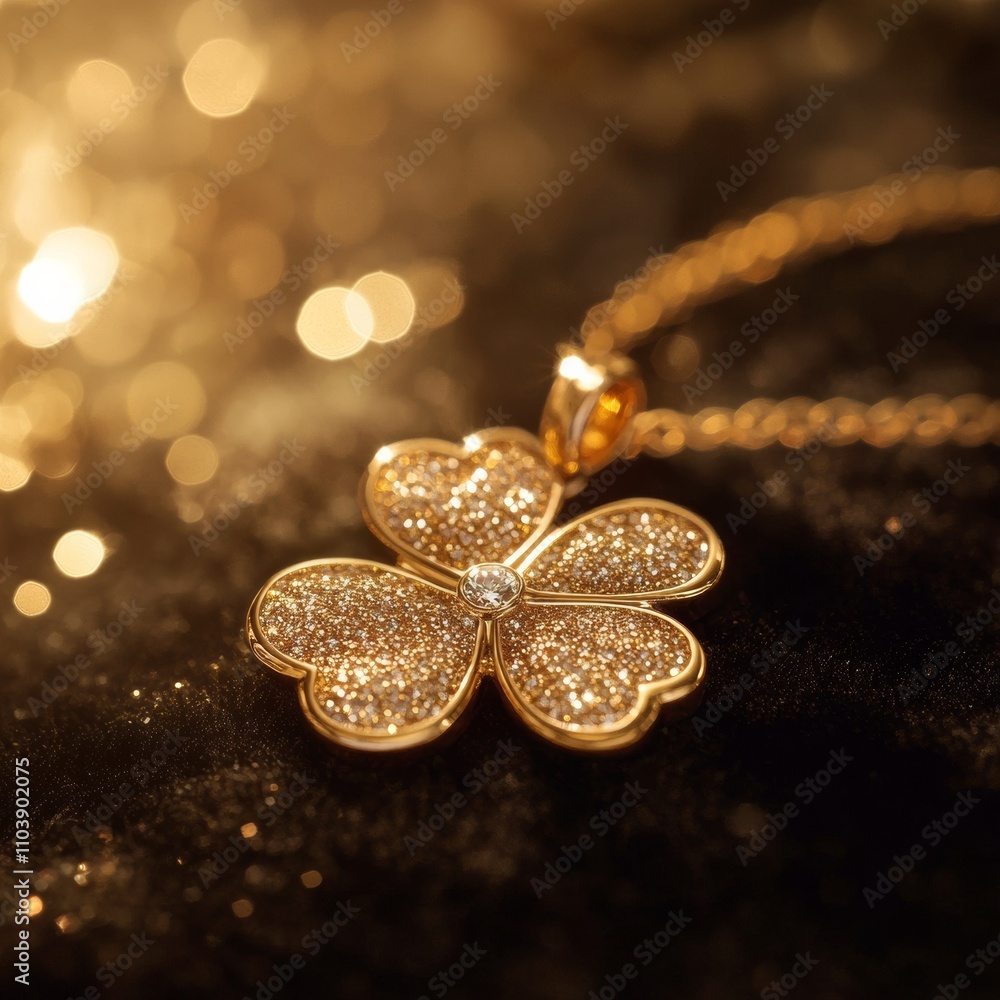 A glittering golden clover-shaped pendant placed on a soft velvet background with shimmering light effects A glittering golden clover-shaped pendant placed on a soft velvet background with shimmering light effects