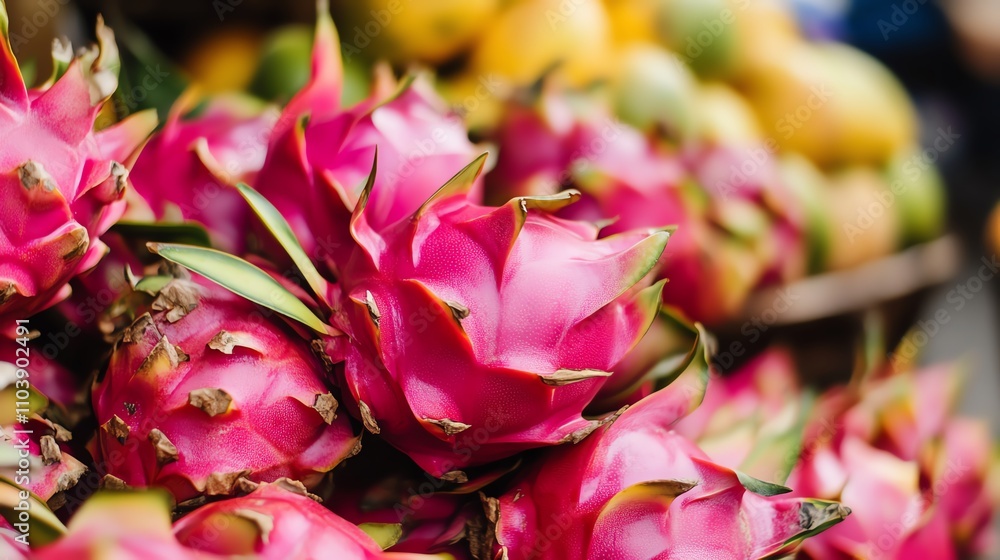 Close-up of vibrant pink dragon fruit surrounded by tropical fruits, showcasing its unique texture and colors in a market setting. Close-up of vibrant pink dragon fruit surrounded by tropical fruits, showcasing its unique texture and colors in a market setting.