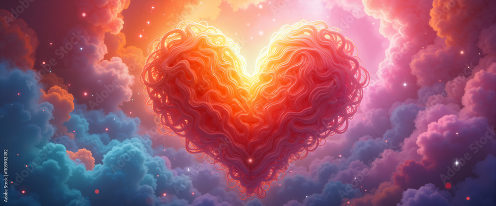 A vibrant, colorful illustration of a heart-shaped cloud formation in the sky, set against a backdrop of fluffy clouds and stars, with a warm, golden glow and a festive holiday atmosphere. A vibrant, colorful illustration of a heart-shaped cloud formation in the sky, set against a backdrop of fluffy clouds and stars, with a warm, golden glow and a festive holiday atmosphere.