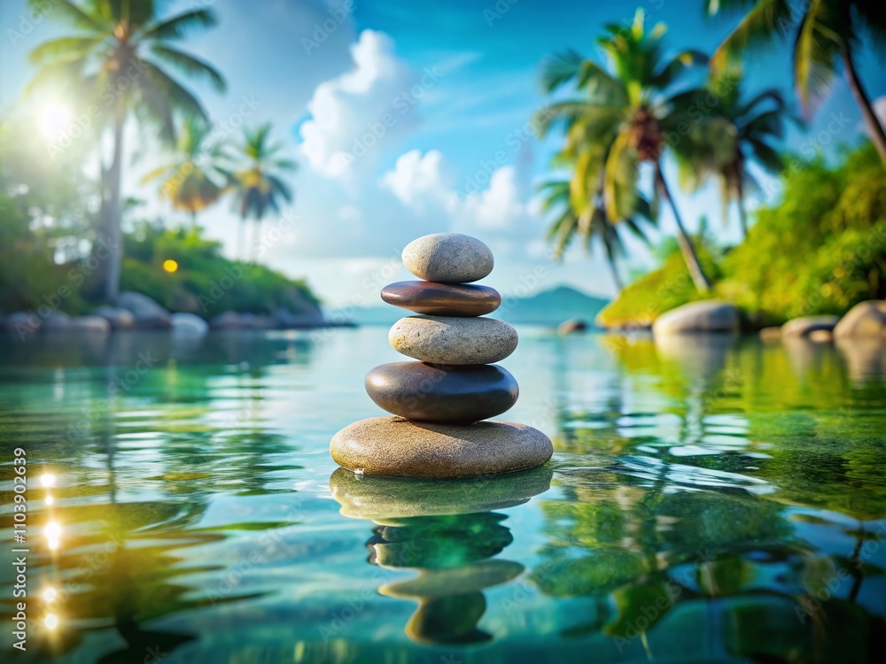 Obraz premium Tranquil Zen Stones Balanced in Water with Bokeh Effect, Serene 3D Tropical Ocean Landscape Featuring Stepping Stones and Natural Stone Formations