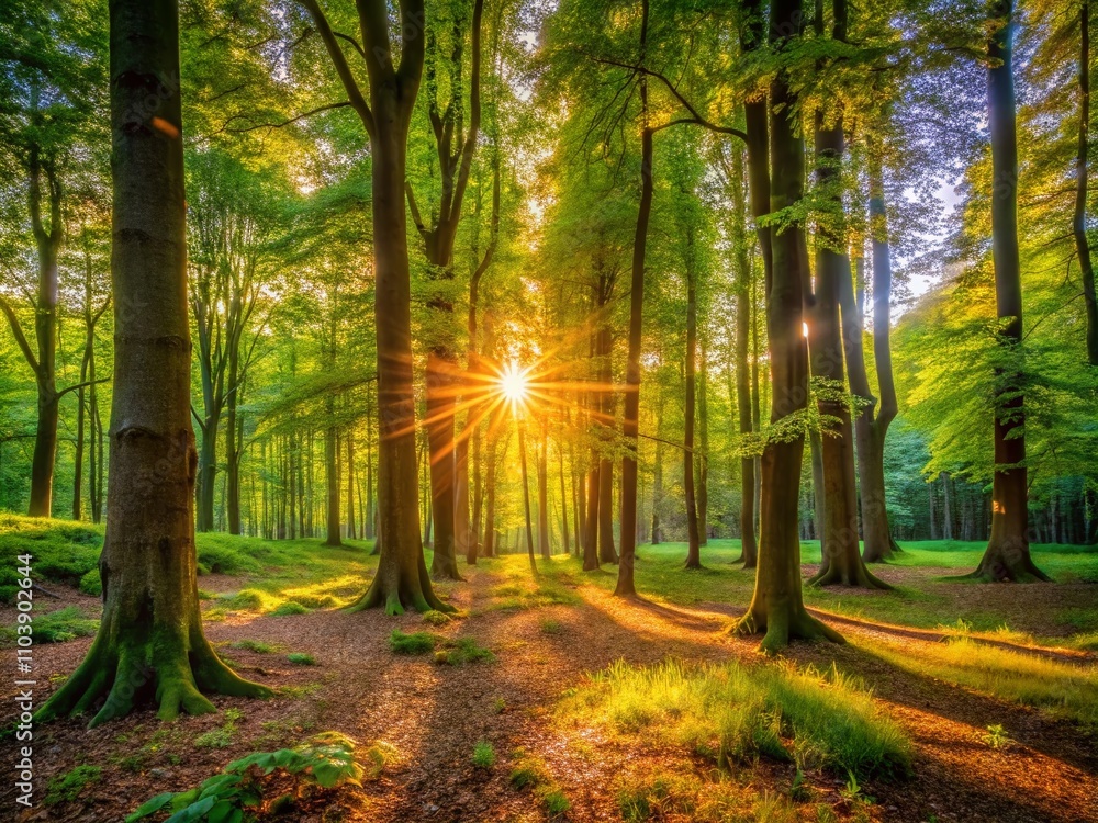 Obraz premium Tranquil Woods in the Evening: A Serene Landscape Capturing the Beauty of Nature, Soft Light Filtering Through Leaves, and Peaceful Atmosphere in a Shady Forest Scene
