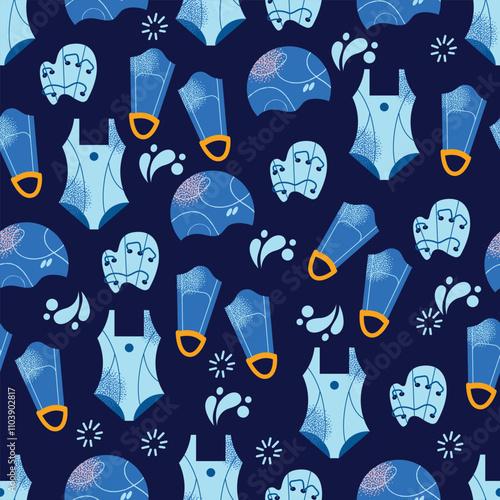 Seamless pattern swimming equipment and accessories swimsuits, goggles, flippers, swim caps, water bottle, towel, and kickboard. Flat cartoon illustration with colorful design elements isolated