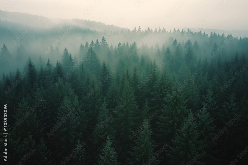 Fototapeta premium Landscape view of deep dark wood forest with foggy view in winter, Aerial view of pine tree forest under the cloud.