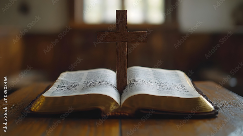 A wooden cross resting on an open Bible, symbolizing faith and the profound meaning of its words. The scene is set against a clean, white wood-paneled background, creating a serene and spiritual atmos A wooden cross resting on an open Bible, symbolizing faith and the profound meaning of its words. The scene is set against a clean, white wood-paneled background, creating a serene and spiritual atmos