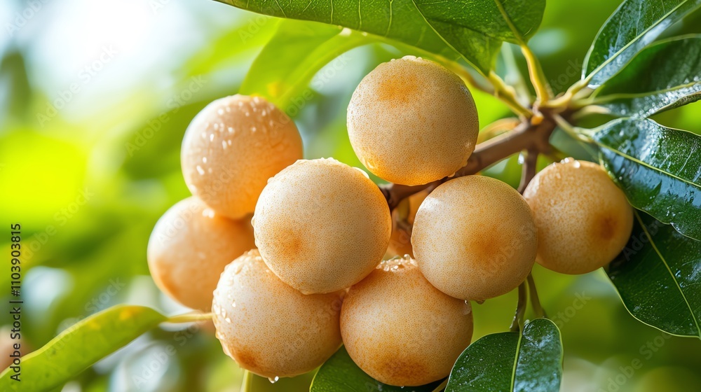 Fresh, ripe fruits hanging on a tree branch, showcasing vibrant colors and glistening dew under soft sunlight. Fresh, ripe fruits hanging on a tree branch, showcasing vibrant colors and glistening dew under soft sunlight.
