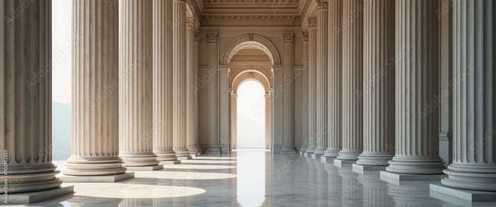 A grand hall adorned with towering columns stretches into the distance, bathed in soft, golden light that filters through an archway. The polished marble floor reflects the elegance of the A grand hall adorned with towering columns stretches into the distance, bathed in soft, golden light that filters through an archway. The polished marble floor reflects the elegance of the