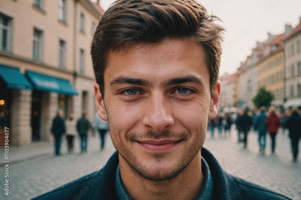 Close portrait of a smiling young Croatian man looking at the camera, Croatian city outdoors blurred background Close portrait of a smiling young Croatian man looking at the camera, Croatian city outdoors blurred background