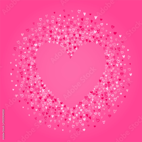 Tiny small hand drawn scattering hearts Valentine's Day round frame. Circle heart shape vector chaotic text background. Tricolor cute doodle marker drawn different heart shapes and silhouettes.