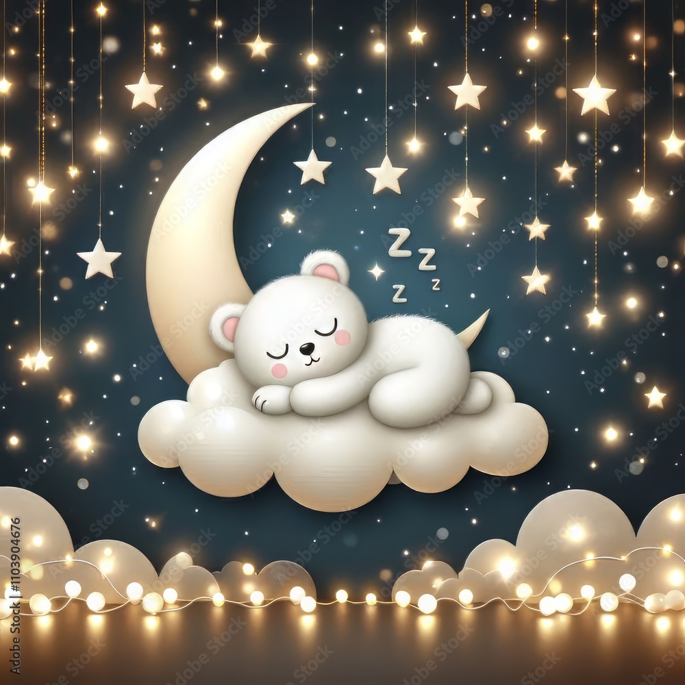 Night view with sleepy bears lying on the clouds Night view with sleepy bears lying on the clouds