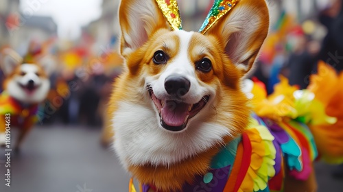 87. A joyful corgi dressed in a costume for a festive parade