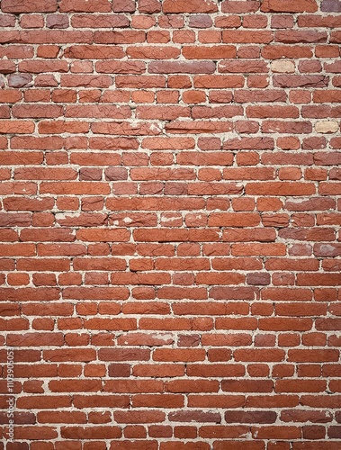 Red brick wall with cracks and chips in a natural setting, natural surroundings, rustic texture.