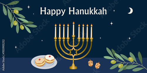 Design for the Jewish holiday of Hanukkah, Hanukkah symbols menorah, spinning top, donuts. Perfect for greeting cards, banners, posters, etc. Vector illustration