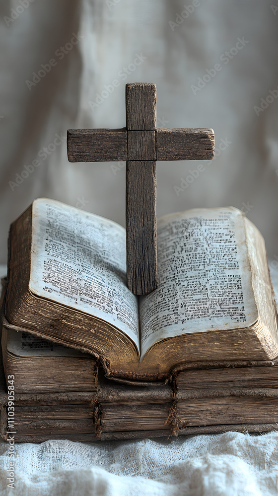 A wooden cross resting on an open Bible, symbolizing faith and the profound meaning of its words. The scene is set against a clean, white wood-paneled background, creating a serene and spiritual atmos A wooden cross resting on an open Bible, symbolizing faith and the profound meaning of its words. The scene is set against a clean, white wood-paneled background, creating a serene and spiritual atmos
