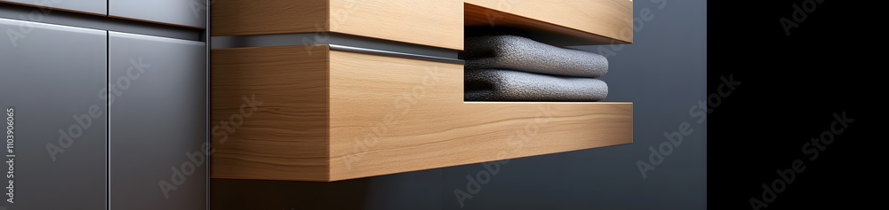 A close-up of a modern wooden drawer with neatly folded towels inside. A close-up of a modern wooden drawer with neatly folded towels inside.