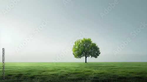 Solitary Tree in Peaceful Open Field Under Clear Sky