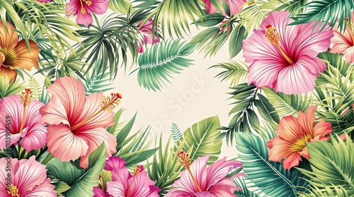 Vibrant hibiscus flowers and palm trees in a seamless tropical leaf pattern , garden flowers, natural patterns