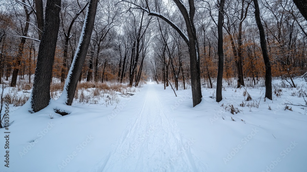 Snow-covered forest path with bare trees and light brown foliage, creating a serene winter landscape under an overcast sky. Snow-covered forest path with bare trees and light brown foliage, creating a serene winter landscape under an overcast sky.