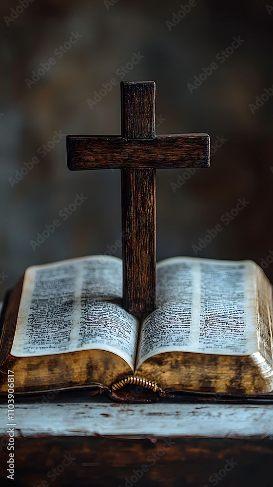 A wooden cross resting on an open Bible, symbolizing faith and the profound meaning of its words. The scene is set against a clean, white wood-paneled background, creating a serene and spiritual atmos A wooden cross resting on an open Bible, symbolizing faith and the profound meaning of its words. The scene is set against a clean, white wood-paneled background, creating a serene and spiritual atmos