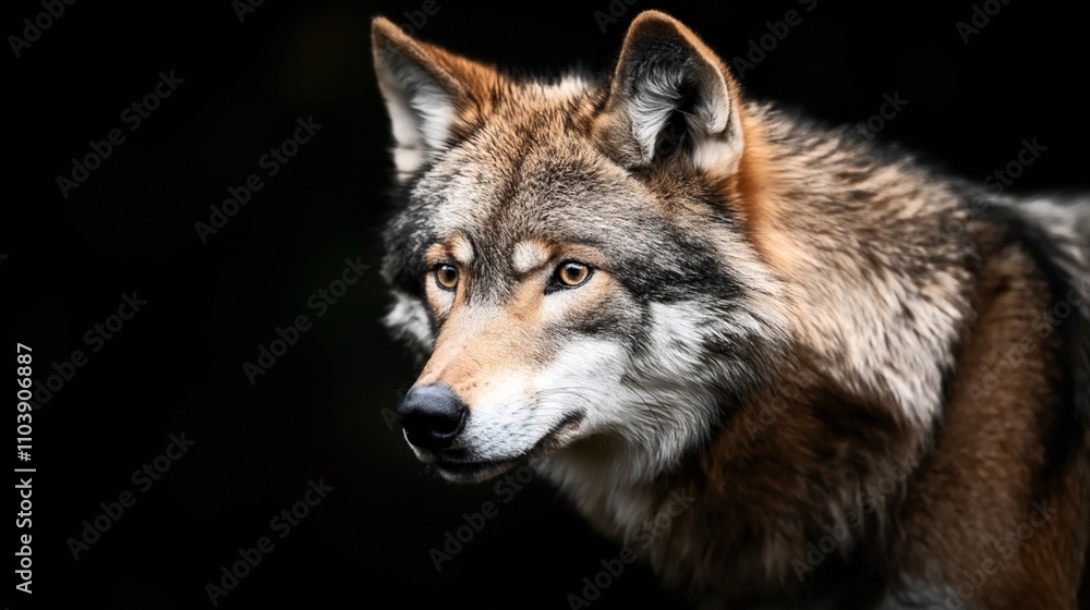 Fototapeta premium Close-up portrait of a wolf with thick fur and intense gaze against a dark background, showcasing detailed facial features and natural coloring