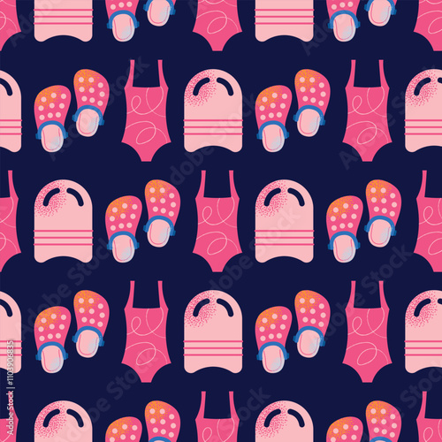 Seamless pattern swimming equipment and accessories swimsuits, goggles, flippers, swim caps, water bottle, towel, and kickboard. Flat cartoon illustration with colorful design elements isolated