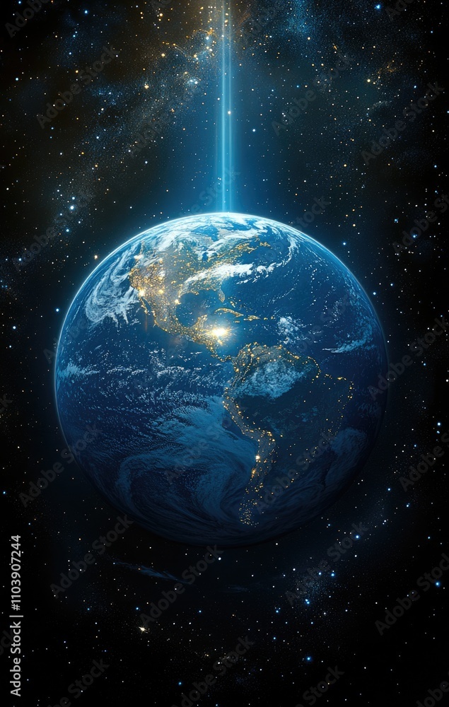 Fototapeta premium A vibrant depiction of Earth illuminated in space, highlighting human settlements at night.