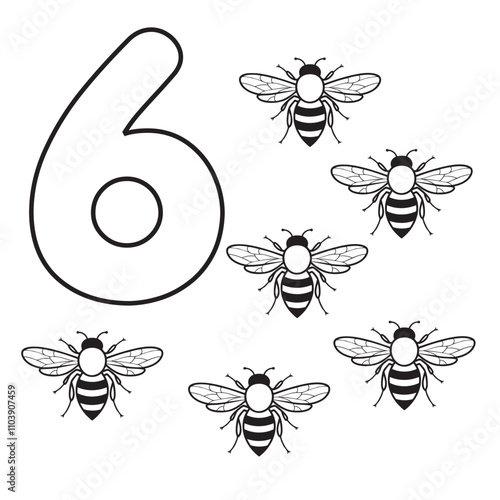 Number 6 coloring page with six outlined bees, perfect for kids' learning and creative activities