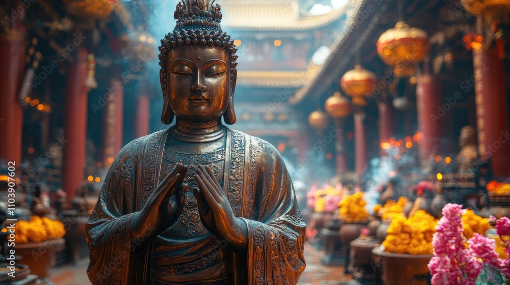 A serene Buddha statue in a vibrant temple filled with flowers and incense. A serene Buddha statue in a vibrant temple filled with flowers and incense.