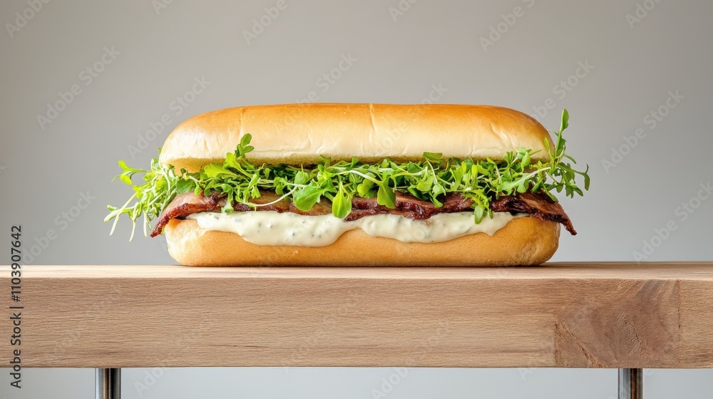 A delicious sandwich filled with fresh greens and creamy sauce, presented on a wooden surface against a neutral background. A delicious sandwich filled with fresh greens and creamy sauce, presented on a wooden surface against a neutral background.