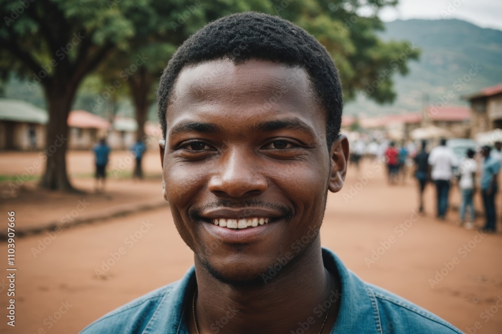 Close portrait of a smiling young Eswatini man looking at the camera, Eswatini city outdoors blurred background Close portrait of a smiling young Eswatini man looking at the camera, Eswatini city outdoors blurred background