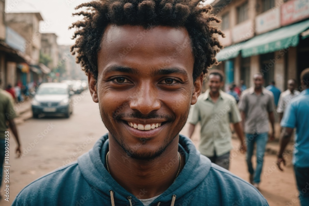 Close portrait of a smiling young Ethiopian man looking at the camera, Ethiopian city outdoors blurred background Close portrait of a smiling young Ethiopian man looking at the camera, Ethiopian city outdoors blurred background