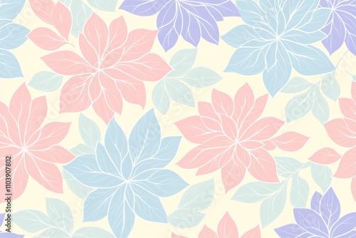 Wallpaper Mural A floral pattern featuring pastel-colored flowers and leaves on a light background. Torontodigital.ca