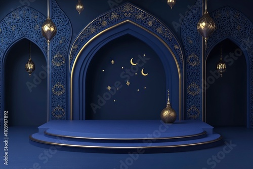 3d blue islamic stage podium cylinder with golden in dark or night theme for ramadan or islamic festivity  photo