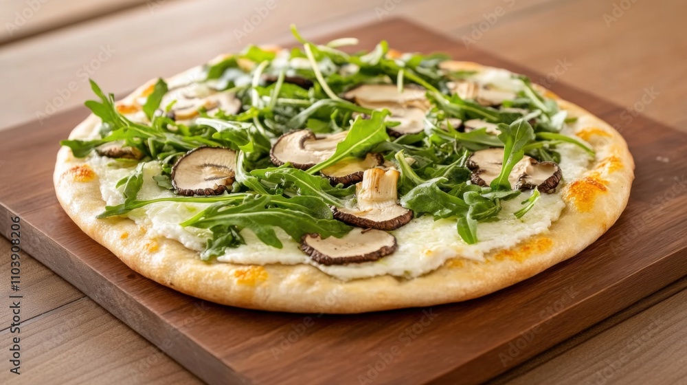 A freshly baked pizza topped with mushrooms and arugula, served on a wooden board, showcasing a thin, crispy crust and gooey cheese. A freshly baked pizza topped with mushrooms and arugula, served on a wooden board, showcasing a thin, crispy crust and gooey cheese.