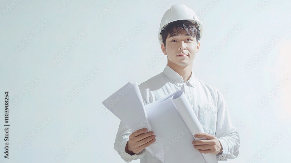 Young Construction Worker Holding Blueprints in Bright Workspace Young Construction Worker Holding Blueprints in Bright Workspace