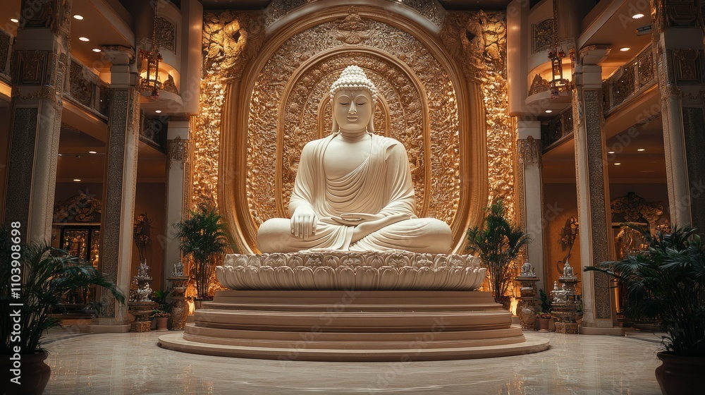 A serene Buddha statue in an ornate temple setting, symbolizing peace and spirituality. A serene Buddha statue in an ornate temple setting, symbolizing peace and spirituality.