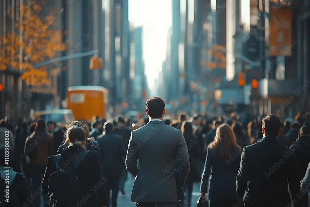 Lone Figure in Grey Suit, City Rush Hour Crowd Lone Figure in Grey Suit, City Rush Hour Crowd