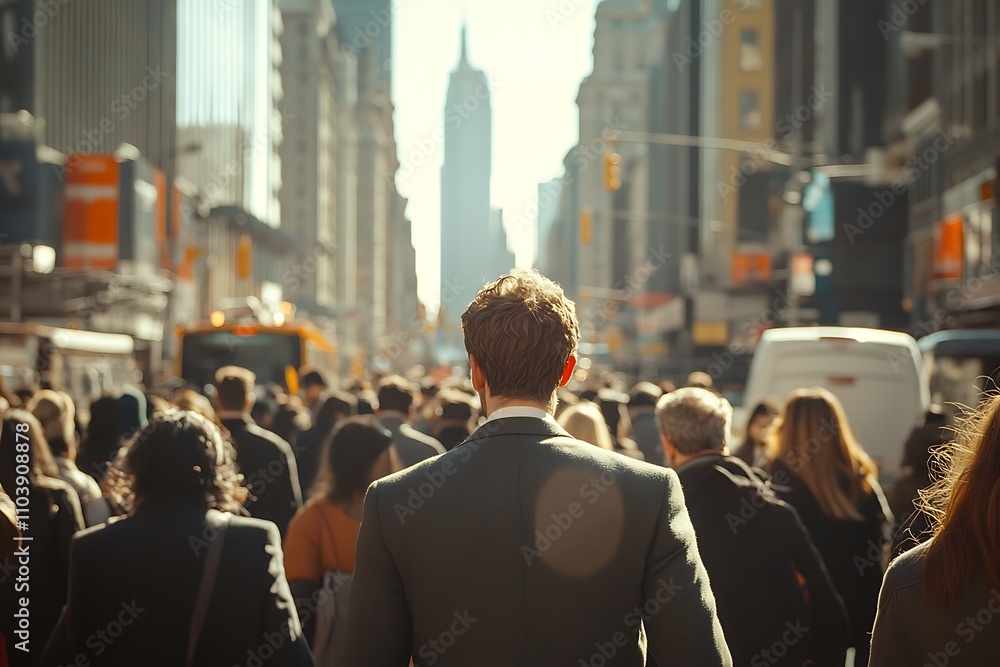 Lone Figure Back View Amidst Busy Midtown City Rush Hour Lone Figure Back View Amidst Busy Midtown City Rush Hour
