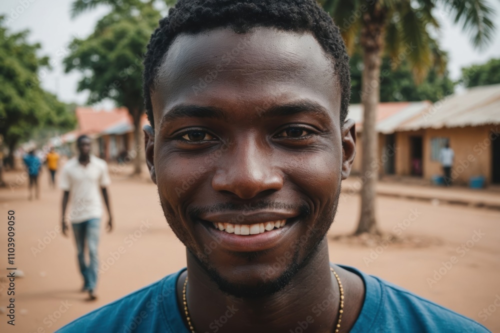 Close portrait of a smiling young Gambian man looking at the camera, Gambian city outdoors blurred background Close portrait of a smiling young Gambian man looking at the camera, Gambian city outdoors blurred background