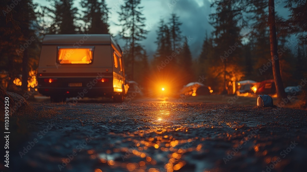 A serene camping scene at dusk with a caravan and glowing campfires in the background. A serene camping scene at dusk with a caravan and glowing campfires in the background.