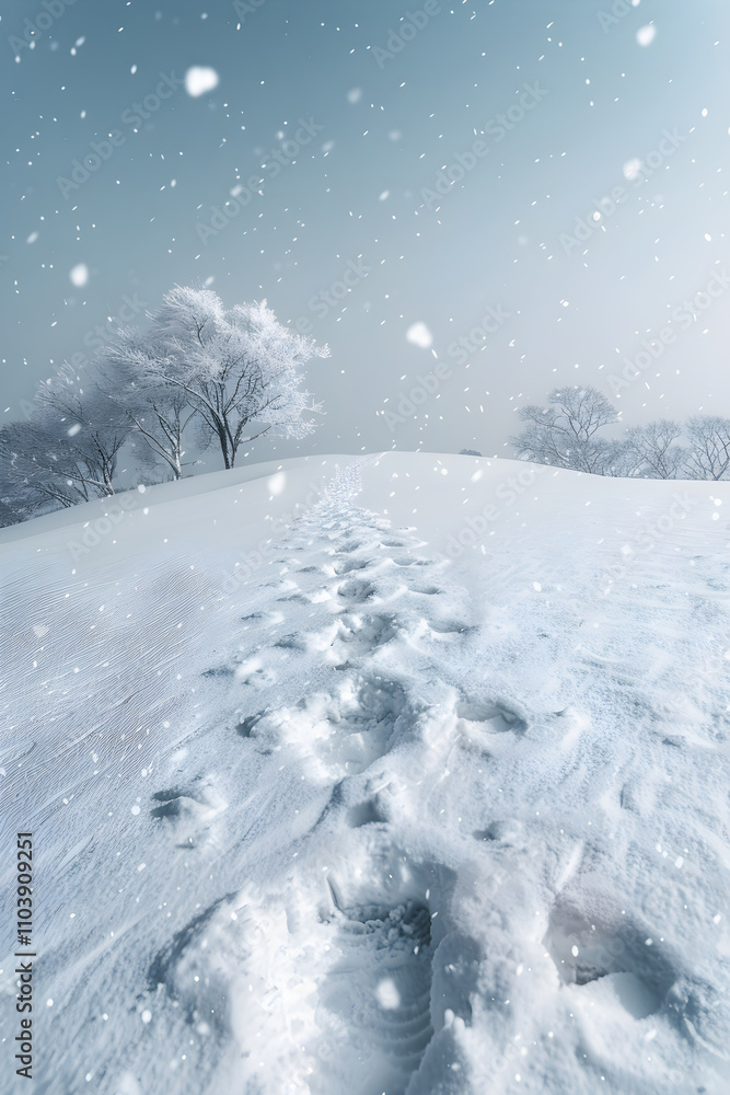 Snow-Covered Hill with Footprints Leading to a Recent Slip in a Peaceful Winter Scene Snow-Covered Hill with Footprints Leading to a Recent Slip in a Peaceful Winter Scene